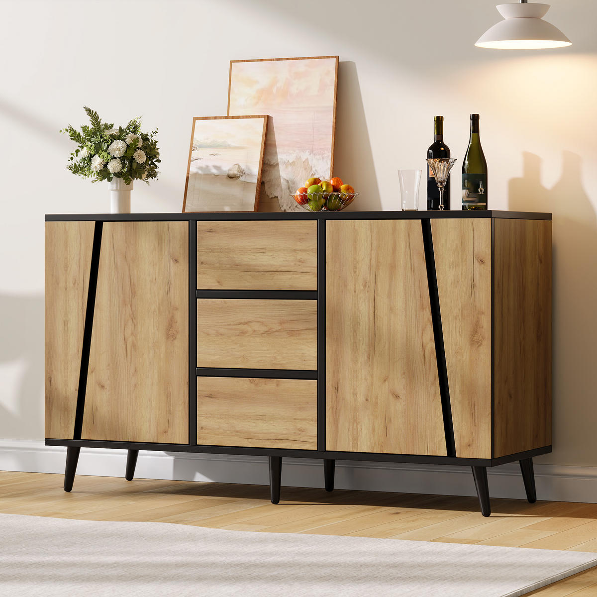 SIDEBOARD 120/40/70 cm mit 2 Türen, 3 Schubladen und verstellbaren Einlegeböden in Holzoptik-Schwarz - Schwarz/Naturfarben, Holzwerkstoff (120/70/40cm) - CHICFURN