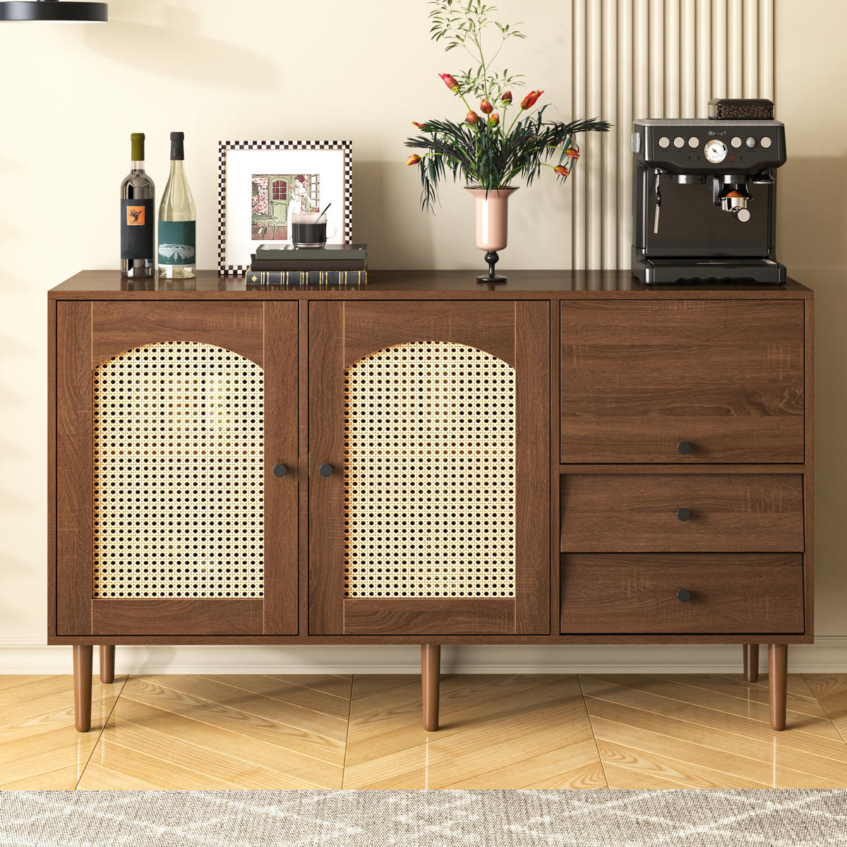 SIDEBOARD 130/40/75,5 cm in Holzfarbe mit Rattantüren im Landhausstil - Eichefarben, Holzwerkstoff (130/75.5/40cm) - BEAOK