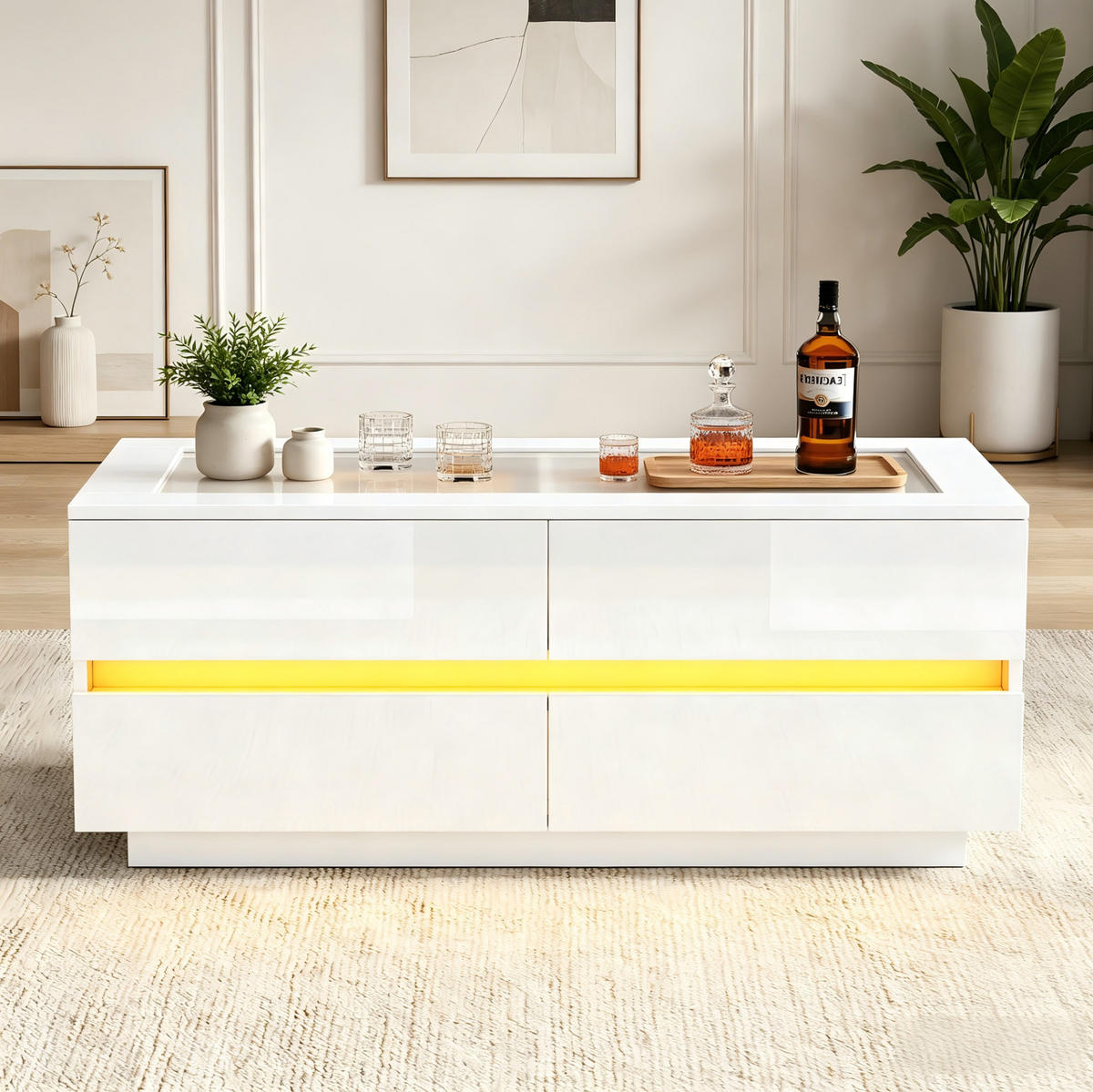 COUCHTISCH aus Spanplatte und Glas 100x50x40 cm Weiß mit 4 Schubladen und LED-Beleuchtung - Weiß, Holzwerkstoff (100/50/40cm) - IVMEU
