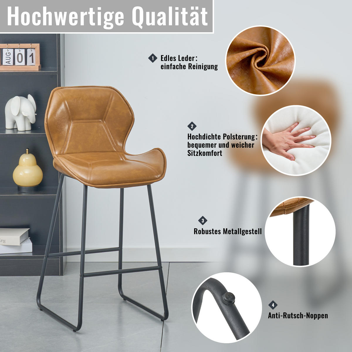 BARHOCKER 2er-Set Cognacbraun mit Kunstleder Rückenlehne und Fußstütze - Braun, Metall (48.5/91.5/47cm) - PANGIVO