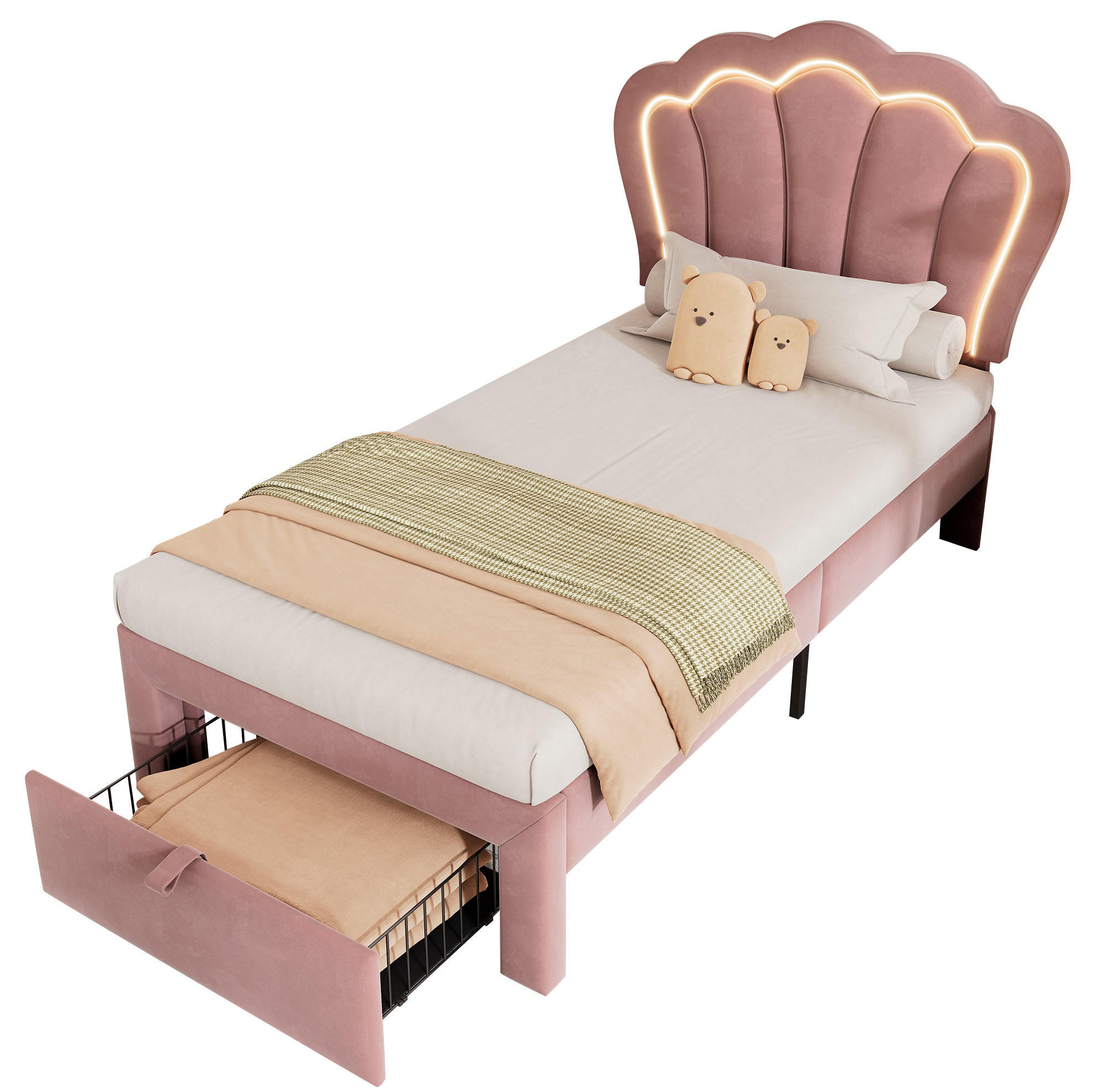 POLSTERBETT 90/190 cm mit RGB-LED, Schublade, verstellbarem Kopfteil und Blumenmuster aus Samt, Rosa - Rosa, Textil (90/190cm) - Redom