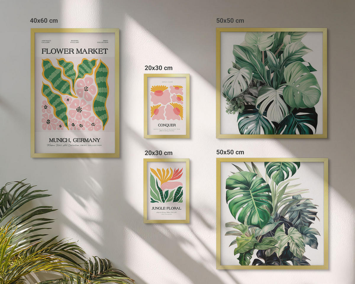 BILDER SET 5er Set - 50x50 cm & 20x30 cm & 40x60 cm Goldrahmen - Blumen und Blätter – moderne Poster - Goldfarben, Kunststoff (40/60cm) - TULUP