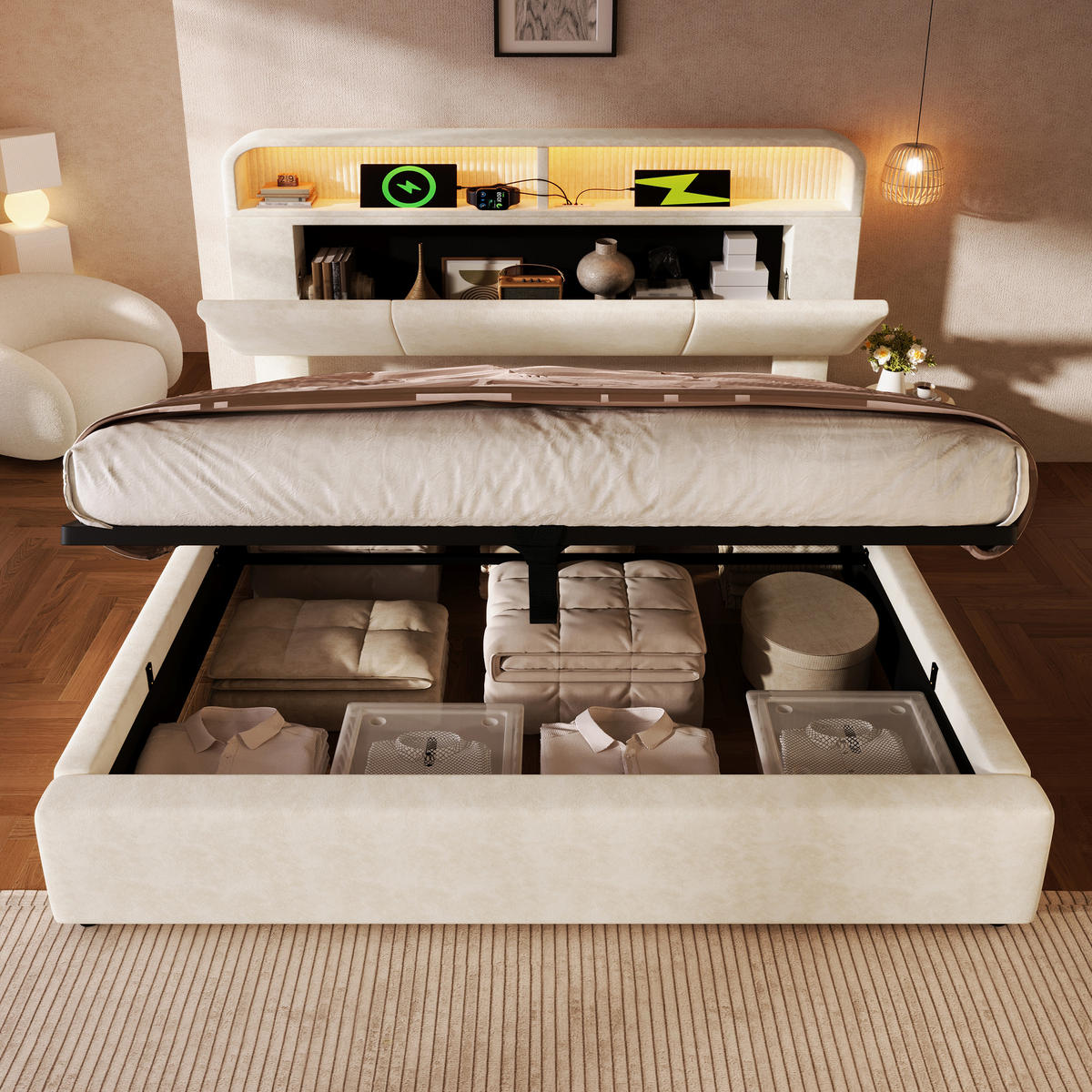 POLSTERBETT 180/200 cm Beige mit höhenverstellbarem Stauraum-Kopfteil mit LED-Beleuchtung & USB-Anschlüssen - Beige, Textil (180/200cm) - OKWISH