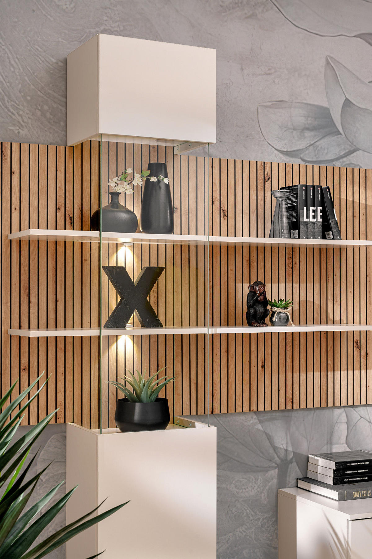 WOHNWAND Sand matt, Eiche Artisan 280 cm, Schrankwand hängend inklusive LED Beleuchtung - Sandfarben/Schwarz, Holzwerkstoff/Metall (280/180/45cm) - Furn.Design