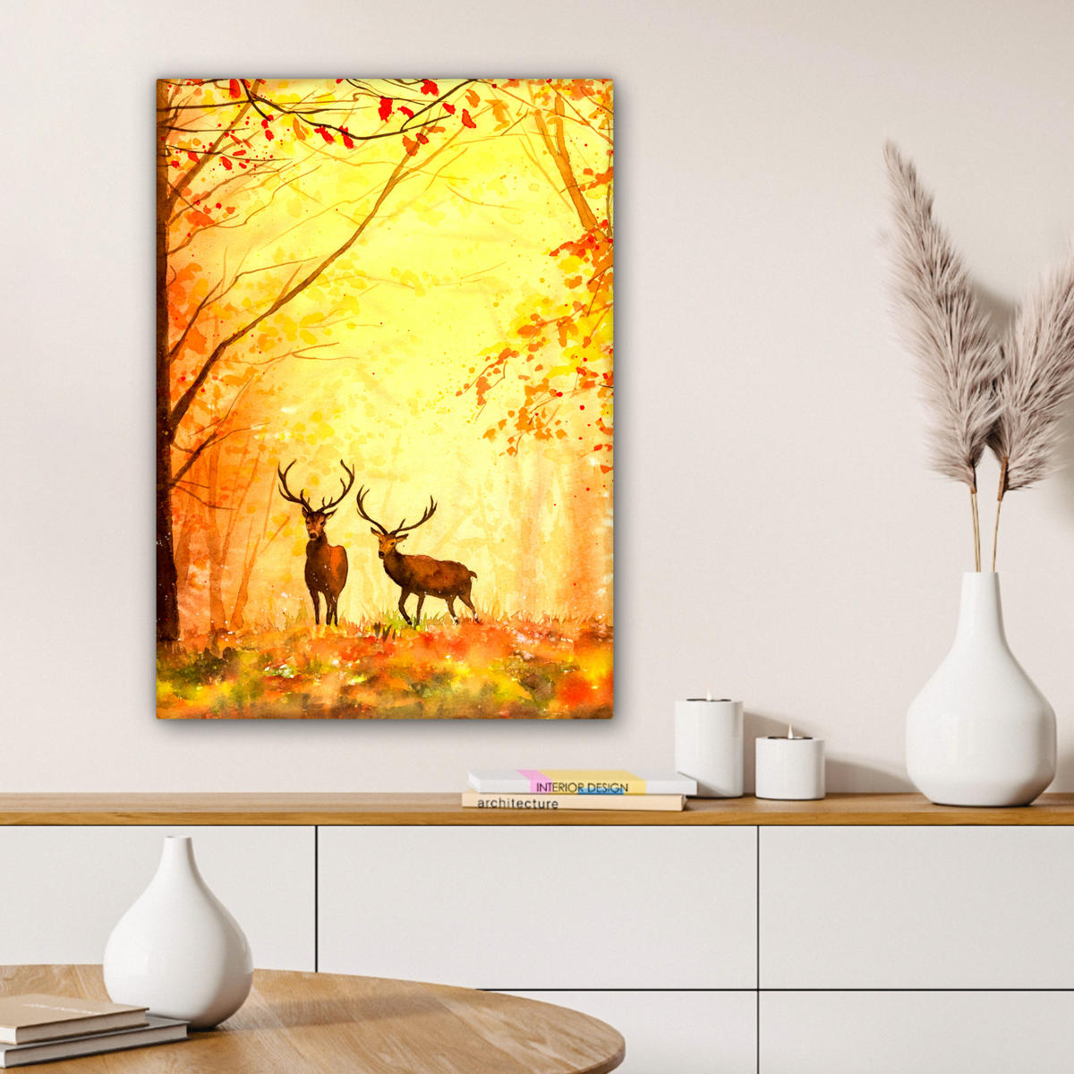 LEINWANDBILD Natur - Ölfarbe - Hirsche - Tiere - Herbst - Orange 60x80 cm - Orange, Textil (60/80cm) - MuchoWow