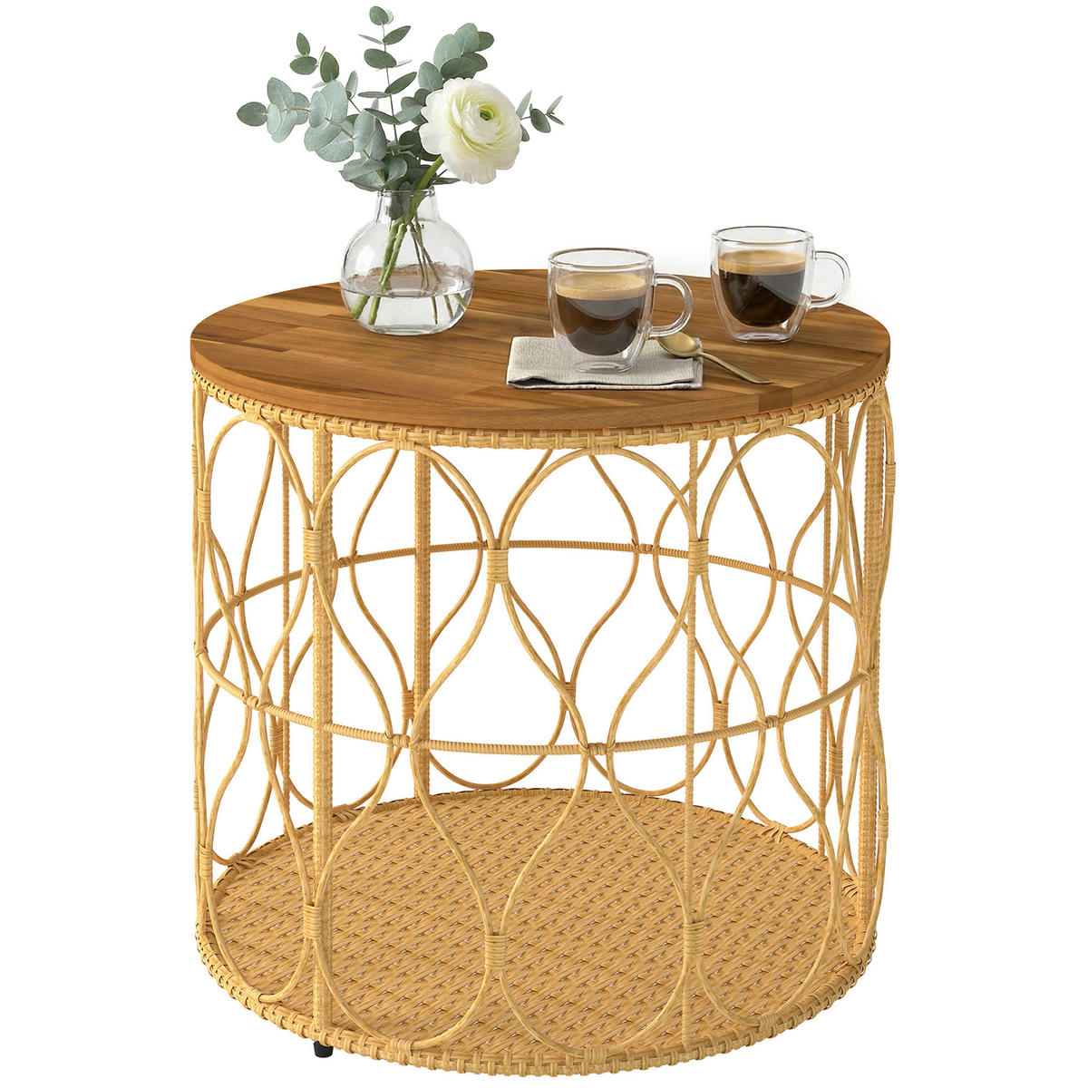 BEISTELLTISCH DE-07346 mit Rattanoptik und verstellbaren Füßen Teak - Teakfarben, Holz (50/50/47.5cm) - ComfortXL