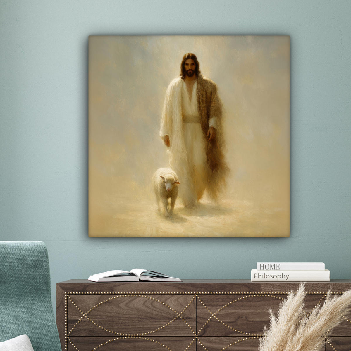 LEINWANDBILD Schaf - Jesus - Pinselstriche - Abstrakt Deko Groß 90x90 cm - Sandfarben, Textil (90/90cm) - MuchoWow