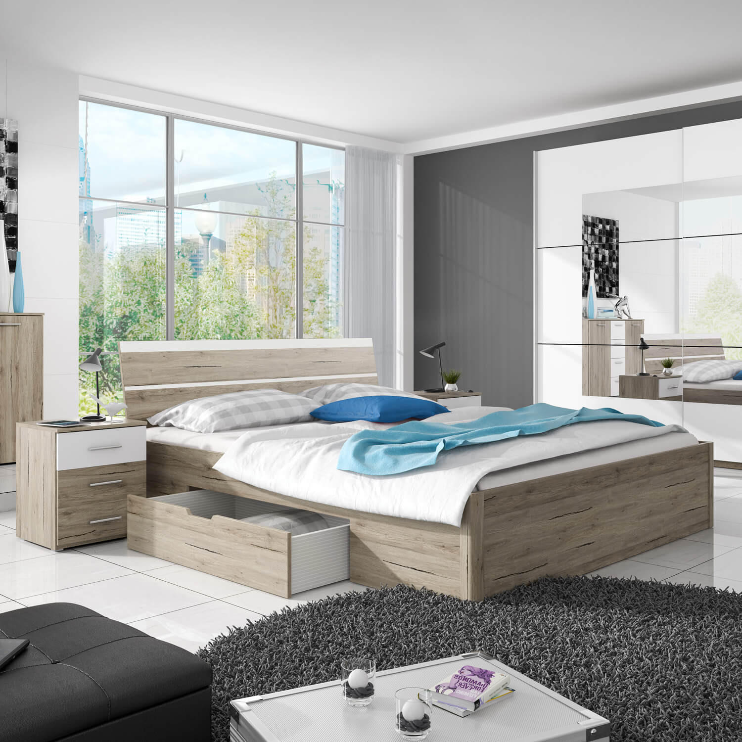 BETT Bilbao Eiche Sanremo weiß 3-teilig - Weiß/Braun, Holz/Holzwerkstoff (160/200cm) - Feldmann-Wohnen
