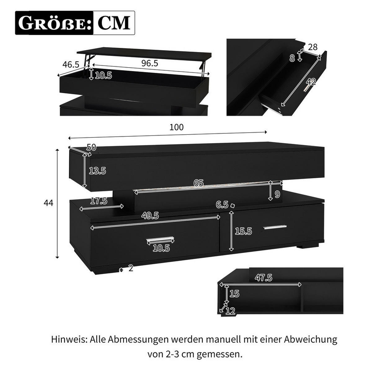 COUCHTISCH 100x50cm Hydraulisch Höhenverstellbar Schwarz LED Bluetooth - Schwarz, Holz (110/60.5/11.5cm) - FLIEKS