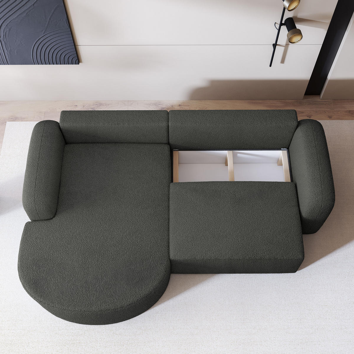 ECKSOFA AMILIA L-S Grau Boucle-Stoff mit Schlaffunktion - Grau, Holz (263/174cm) - MASSENO