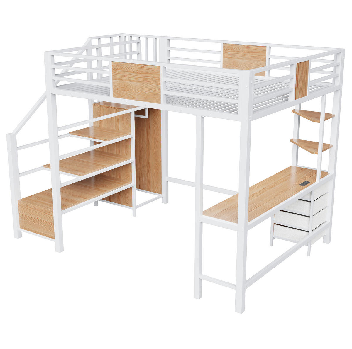 HOCHBETT 140/200 cm aus Metall und MDF mit Schreibtisch, Stauraum und LED-Beleuchtung Weiß - Weiß, Metall (140/200cm) - Modenvie