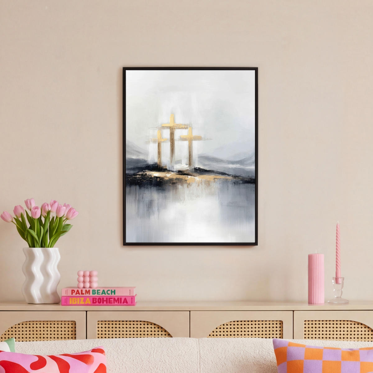 LEINWAND Bilder mit Rahmen - Abstrakt - Malerei - Christentum - Kreuz - 60x80 - Weiß, Textil (60/80cm) - MuchoWow