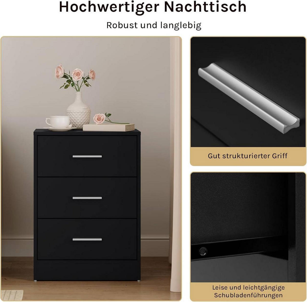 NACHTTISCH 2er Set, 39x54x28 cm, Schwarz - Schwarz, Holzwerkstoff (39/54/28cm) - Woltu