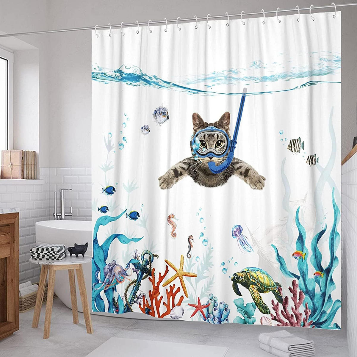 DUSCHVORHANG Katze Ozean bedruckt Polyester schnell trocknend wasserdicht waschbar - Weiß, Textil (180/180cm) - MCBOSON