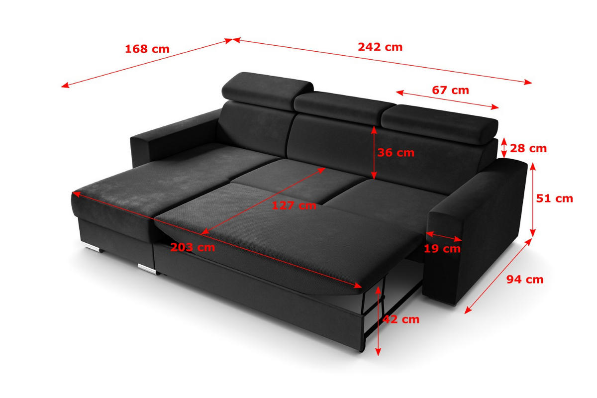 ECKSOFA in L-Form Corner Sofa Bett Eckcouch Couch Wohnlandschaft Cauchsofa FIX - 242x168 cm Schwarz - Schwarz, Holzwerkstoff/Kunststoff (242/168cm) - ALTDECOR