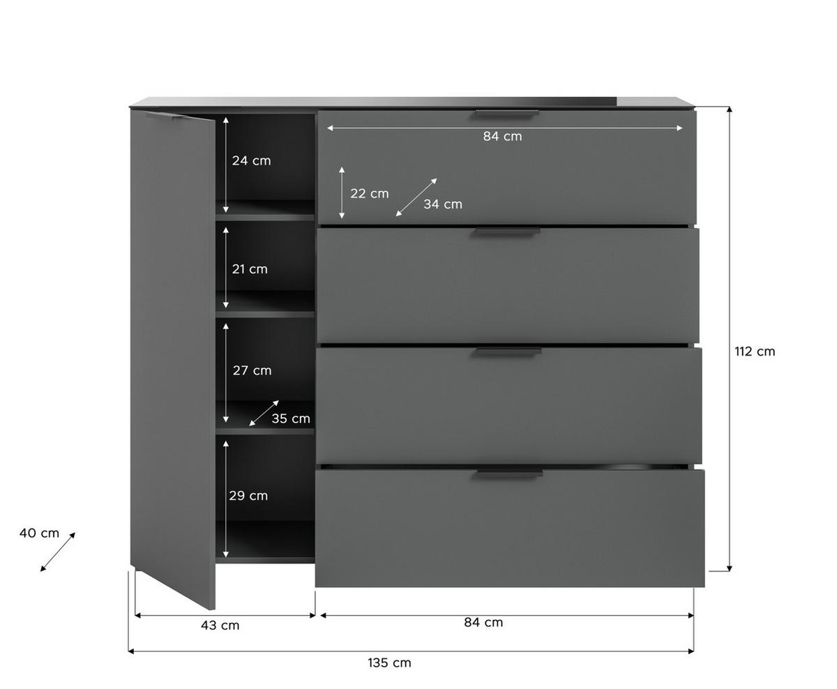 KOMMODE grau 135 cm, mit Glasauflage und Soft-Close - Dunkelgrau/Grau, Glas/Holzwerkstoff (135/112/40cm) - Inn.Furn