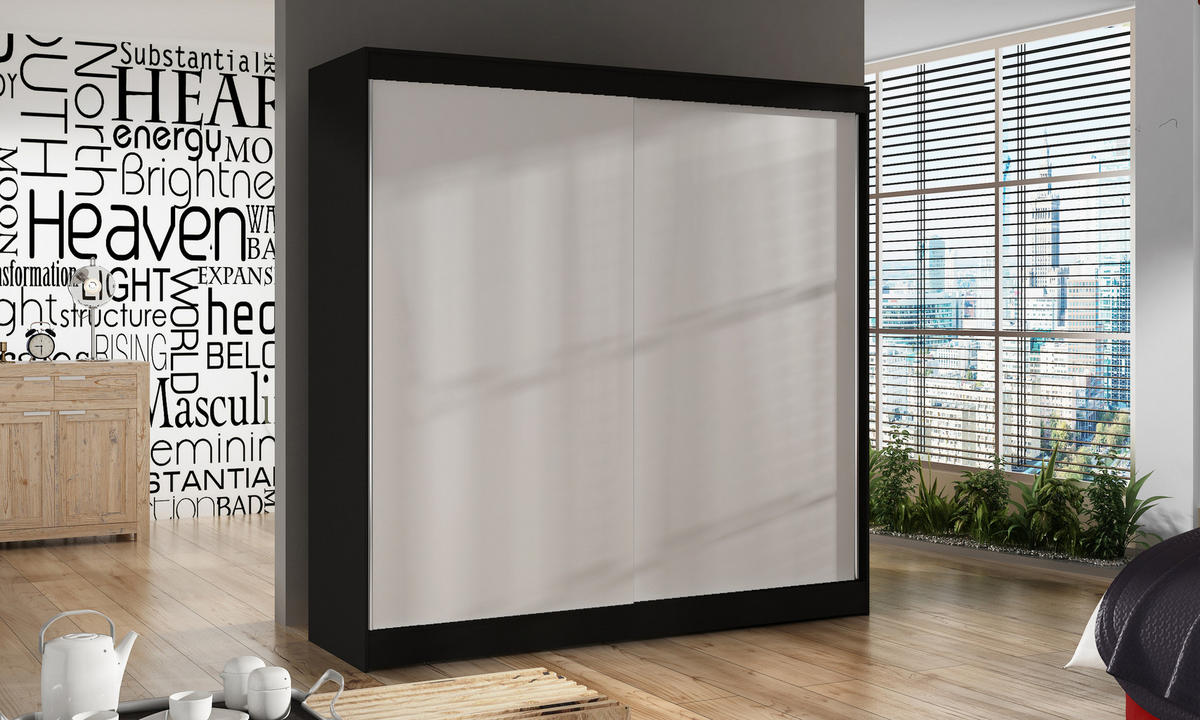 SCHWEBETÜRENSCHRANK Basti X - 200 cm - Schwarz/Weiß, Holzwerkstoff/Metall (200/215/58cm) - Sofnet
