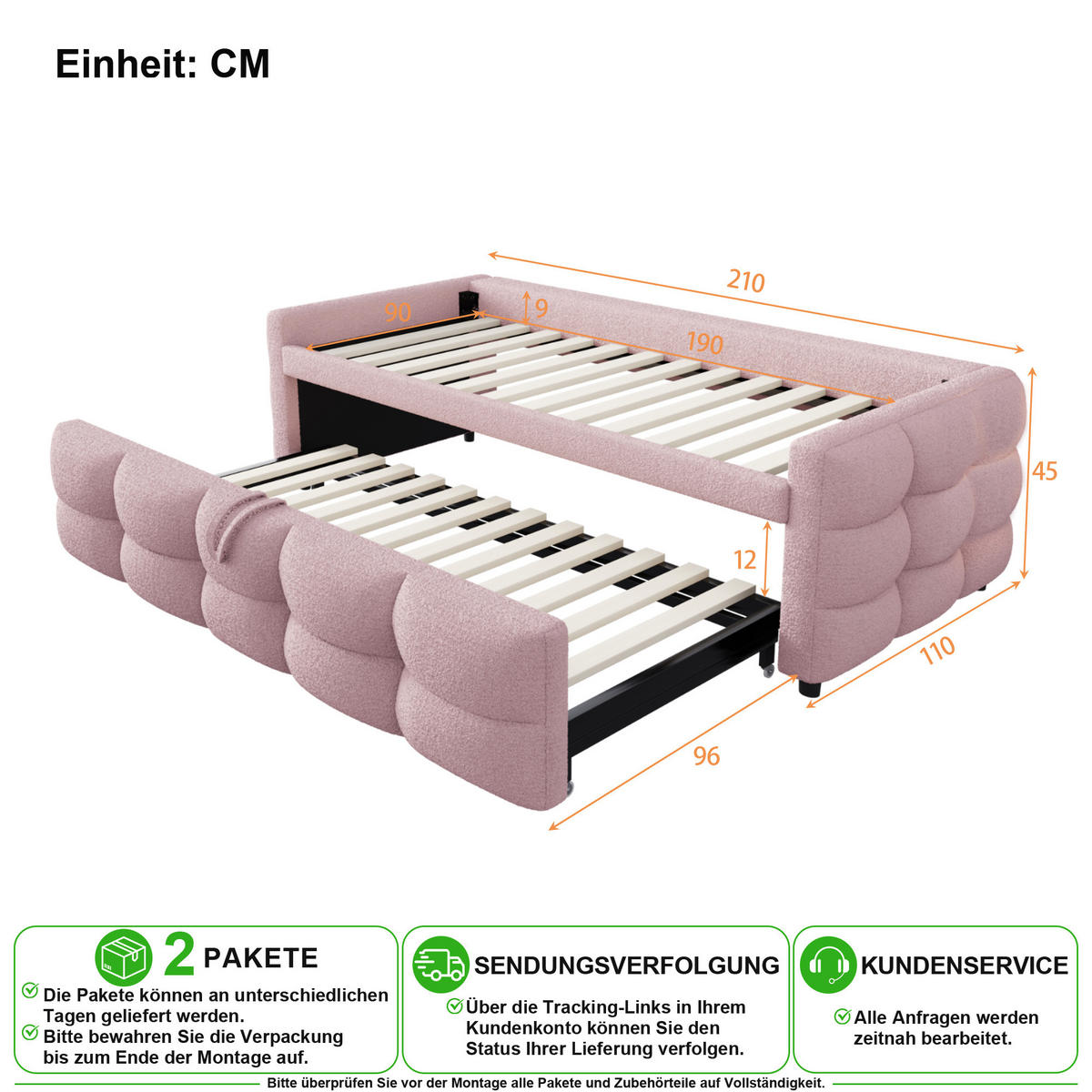 SCHLAFSOFA 90/190 cm & 180/190 cm in Rosa ausziehbar mit Lattenrost - Rosa, Holzwerkstoff/Textil (90/190cm) - CHICFURN