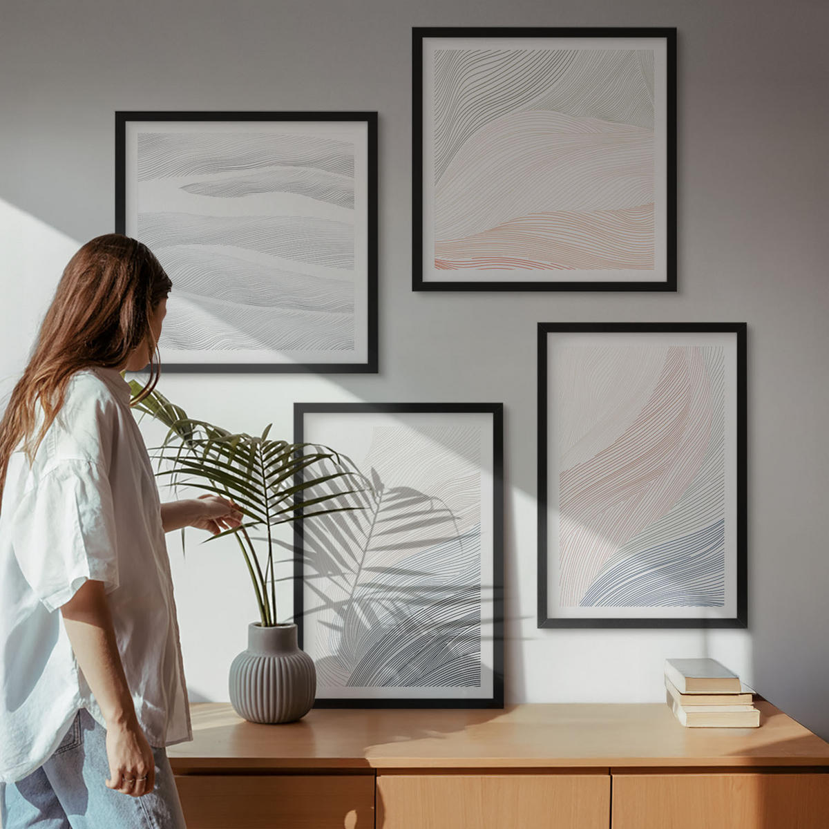 BILDER SET 4er Set - 50x50 cm & 40x60 cm Schwarzer Rahmen - Abstrakte Pastellwellen - Schwarz, Kunststoff (50/50cm) - TULUP