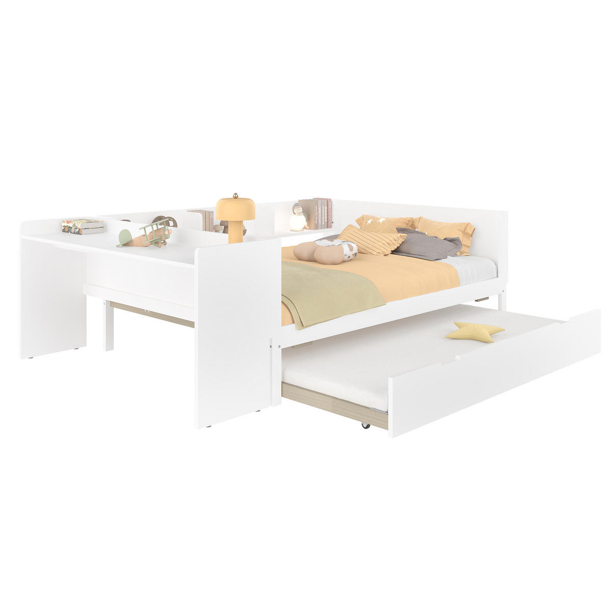KINDERBETT 140/200 cm Weiß mit Schreibtisch, Regalen und Rollbett - Weiß, Holz (140/200cm) - Flora Grace