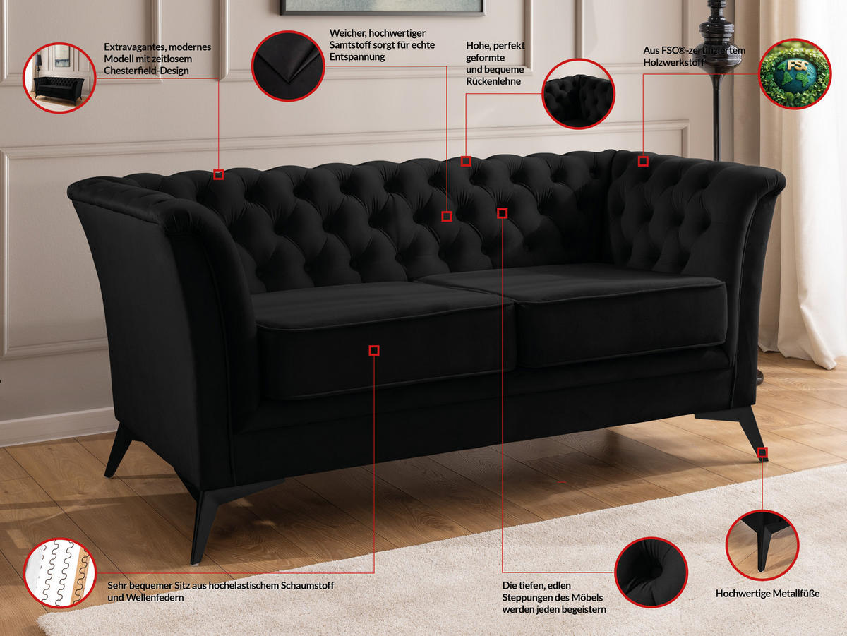 SITZGARNITUR 2+1 Chesterfield Whitby Schwarz Samt mit schwarzen Füßen - Schwarz, Holz/Textil (175/78/82cm) - S-Style Möbel