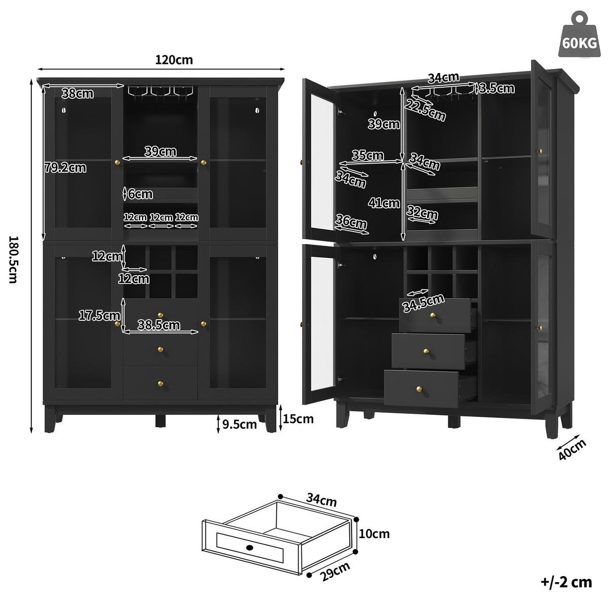 WEINSCHRANK LED App 180.5x120x40Cm Glas Flaschenhalter - Schwarz, Holzwerkstoff (120/180.5/40cm) - FLIEKS