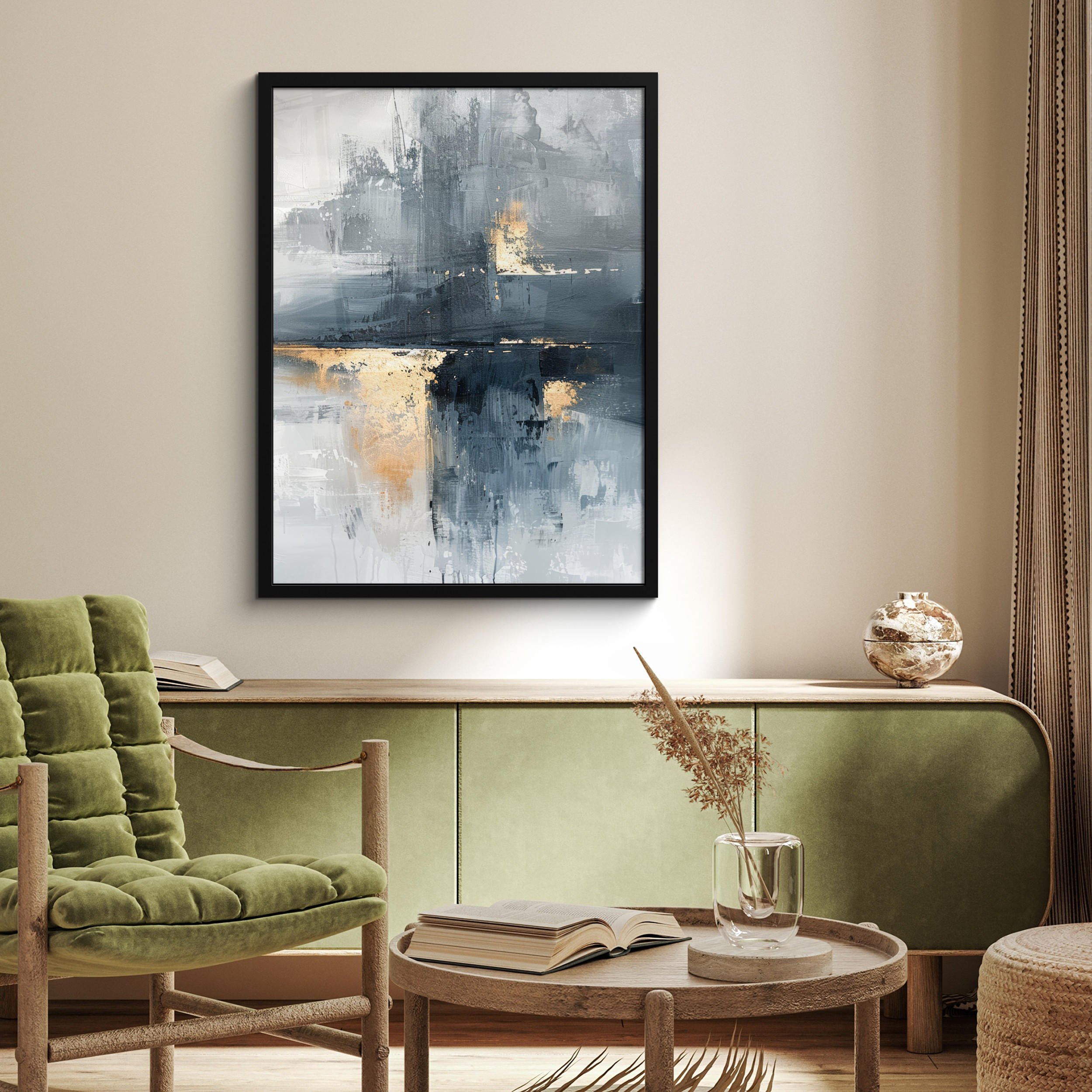 GERAHMTES BILD Kunst - Grau - Gold - Abstrakt 60x80 cm - Dunkelgrau, Papier (60/80cm) - MuchoWow