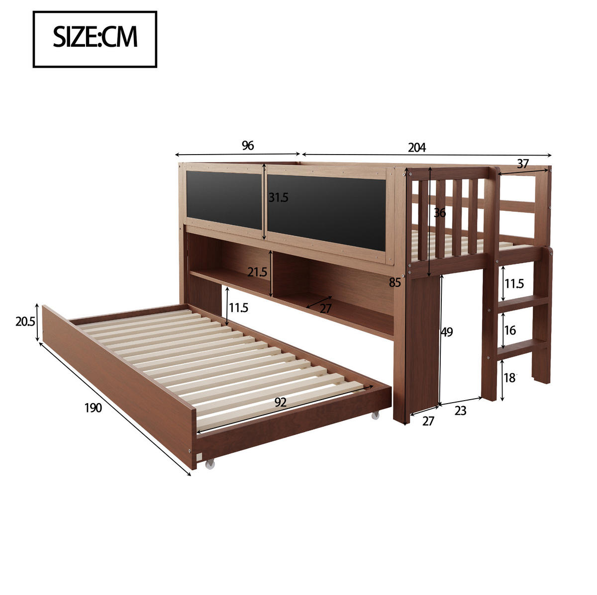 ETAGENBETT aus Holz 90x200 cm in Braun mit Ausziehbett & Tafel - Braun, Holz (90/200cm) - Modfu