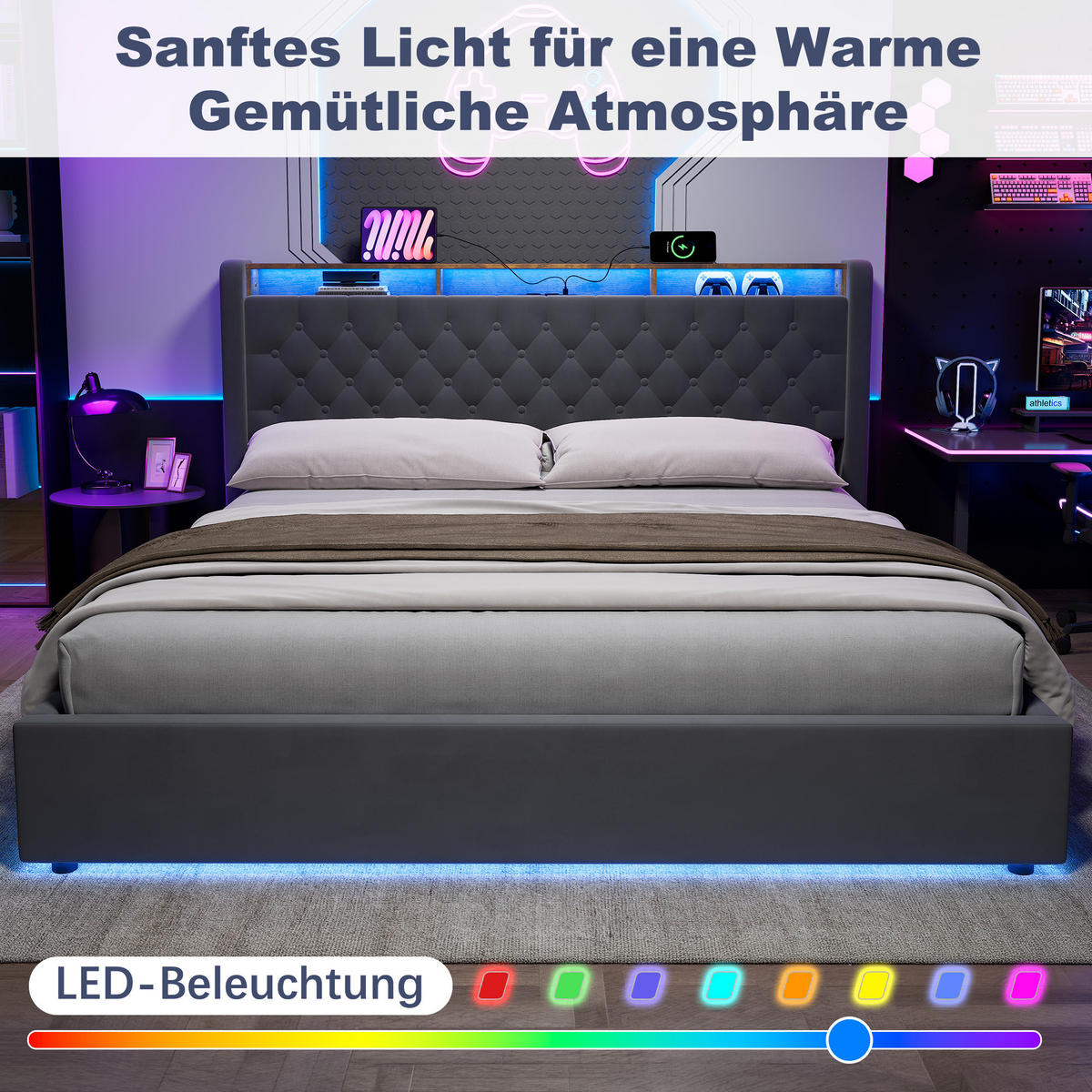 POLSTERBETT 180/200 cm in Dunkelgrau Samt mit Bettkasten, LED-Beleuchtung und USB-Anschluss - Dunkelgrau, Holzwerkstoff/Textil (180/200cm) - CHICFURN