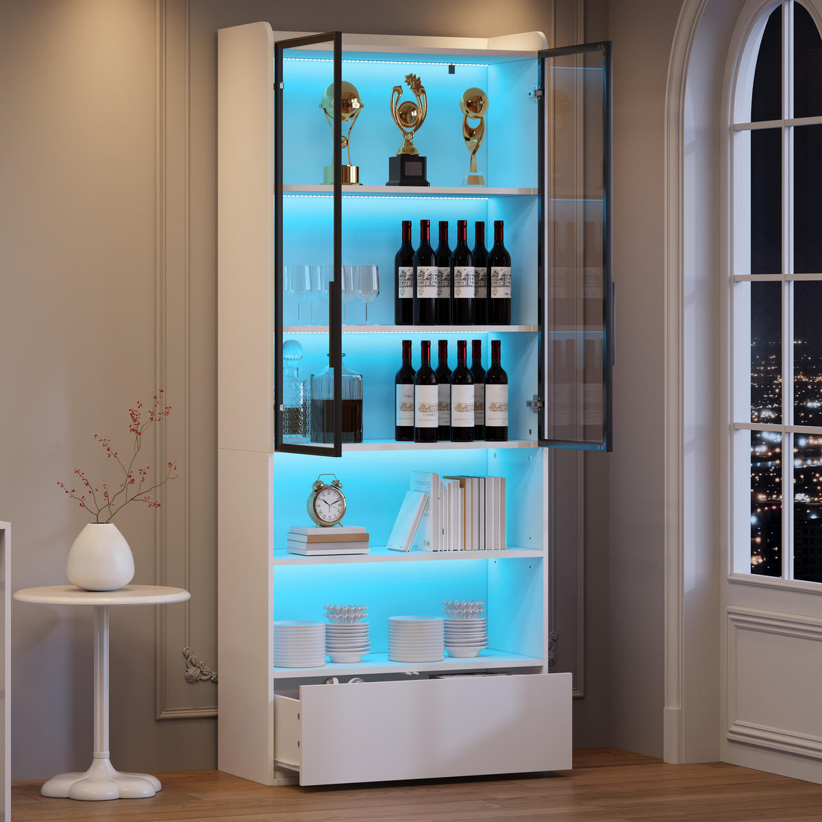 VITRINE 80x34x180 cm Weiß mit LED und Schublade - Weiß, Holzwerkstoff (80/180/34cm) - FLIEKS