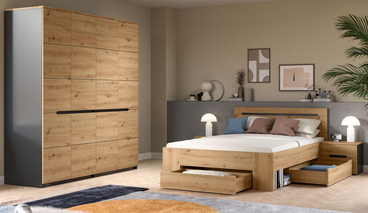 SCHLAFZIMMER Eiche Artisan, grau 4-teilig, Set mit Kleiderschrank, Bett und 2x Nachttisch - Eiche Artisan/Grau, Holzwerkstoff/Metall - Inn.Furn