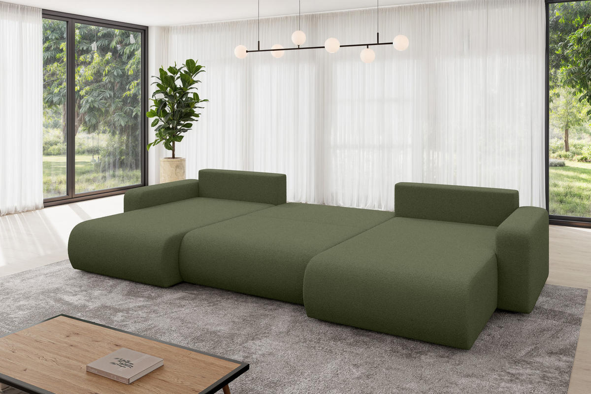 SEDACÍ SOUPRAVA DO U s funkcí spaní a úložným prostorem BERY-U 377x193x88 zelená bouclé - černá/zelená barva, kompozitní dřevo/textil (377/88/193cm) - ALTDECOR