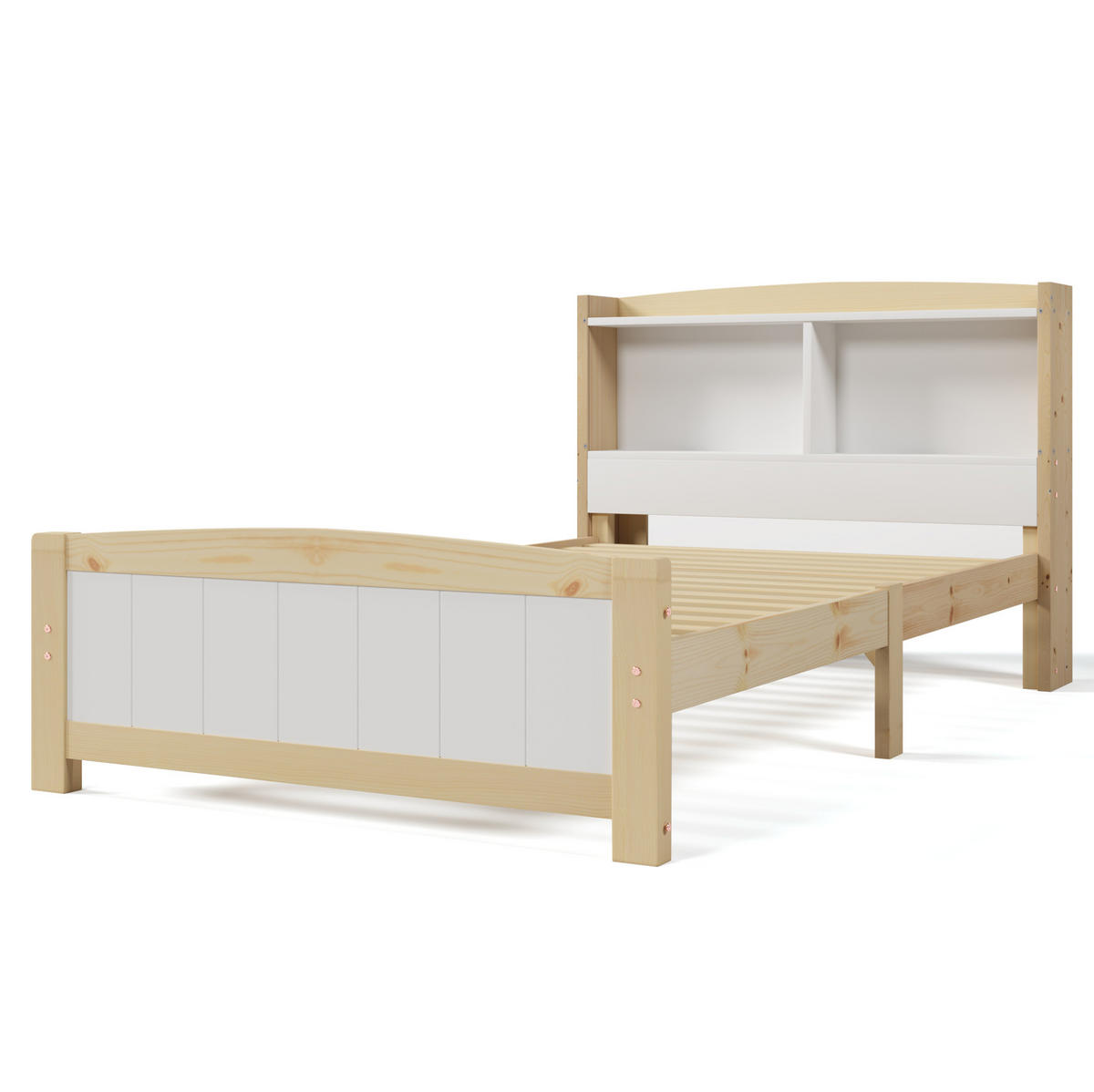 EINZELBETT 90/200 cm aus Massivholz mit Stauraum-Kopfteil, Lattenrost und Federkernmatratze, Natur/Weiß - Naturfarben, Holz - Redom