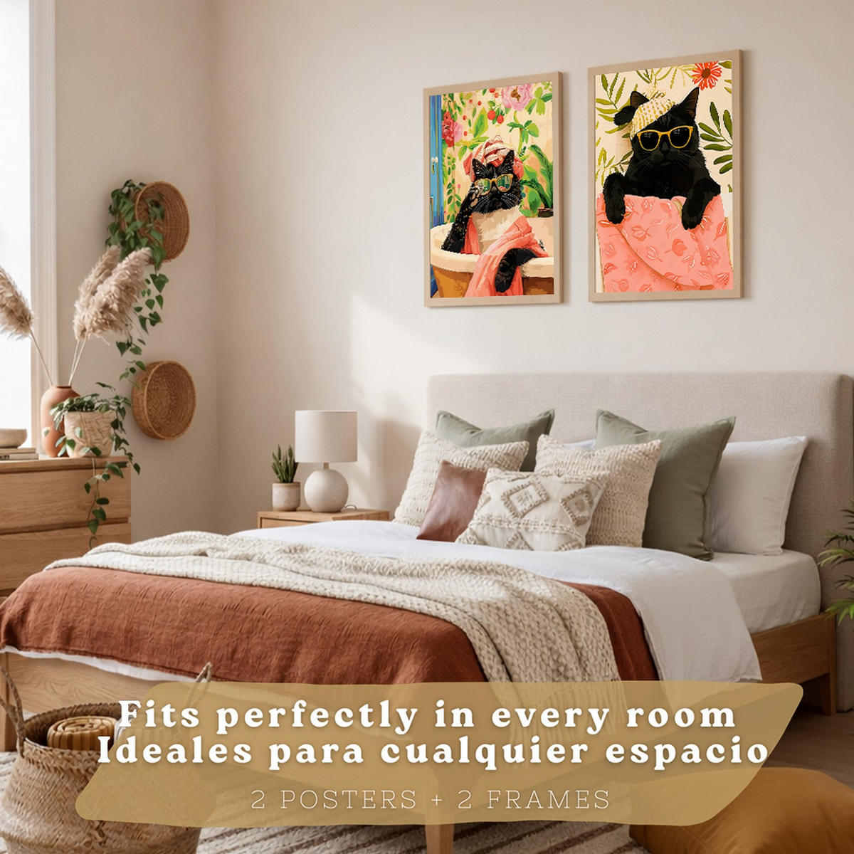 PLAKAT Sada 2 Černá kočka A4 Lehký dřevěný rám - béžová, papír (29.7/1/21cm) - Nacnic