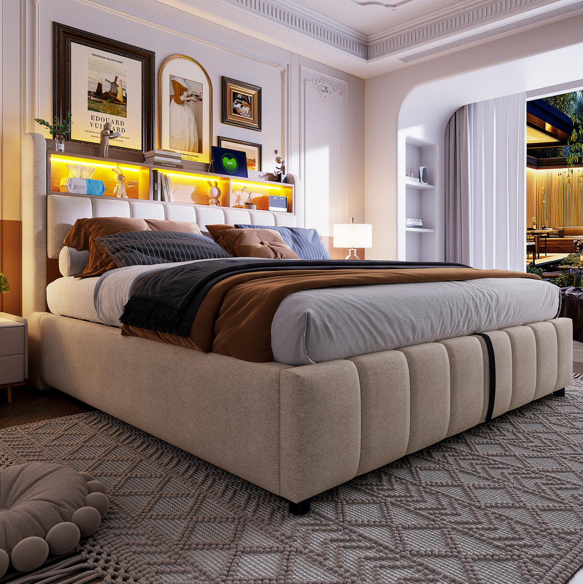 POLSTERBETT aus Leinenstoff 180x200 cm Beige mit LED-Beleuchtung, USB-C-Anschluss und hydraulischem Stauraum - Beige, Textil (180/200cm) - IVMEU