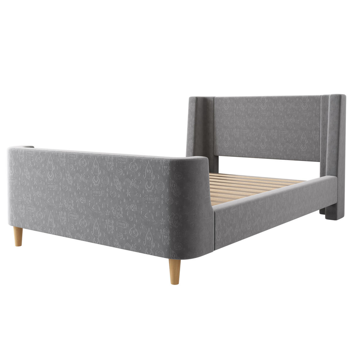 KINDERBETT 90/200 cm in Grau aus Samt mit Weltraummuster und Schlittenbett-Design - Grau, Textil (90/200cm) - Flora Grace