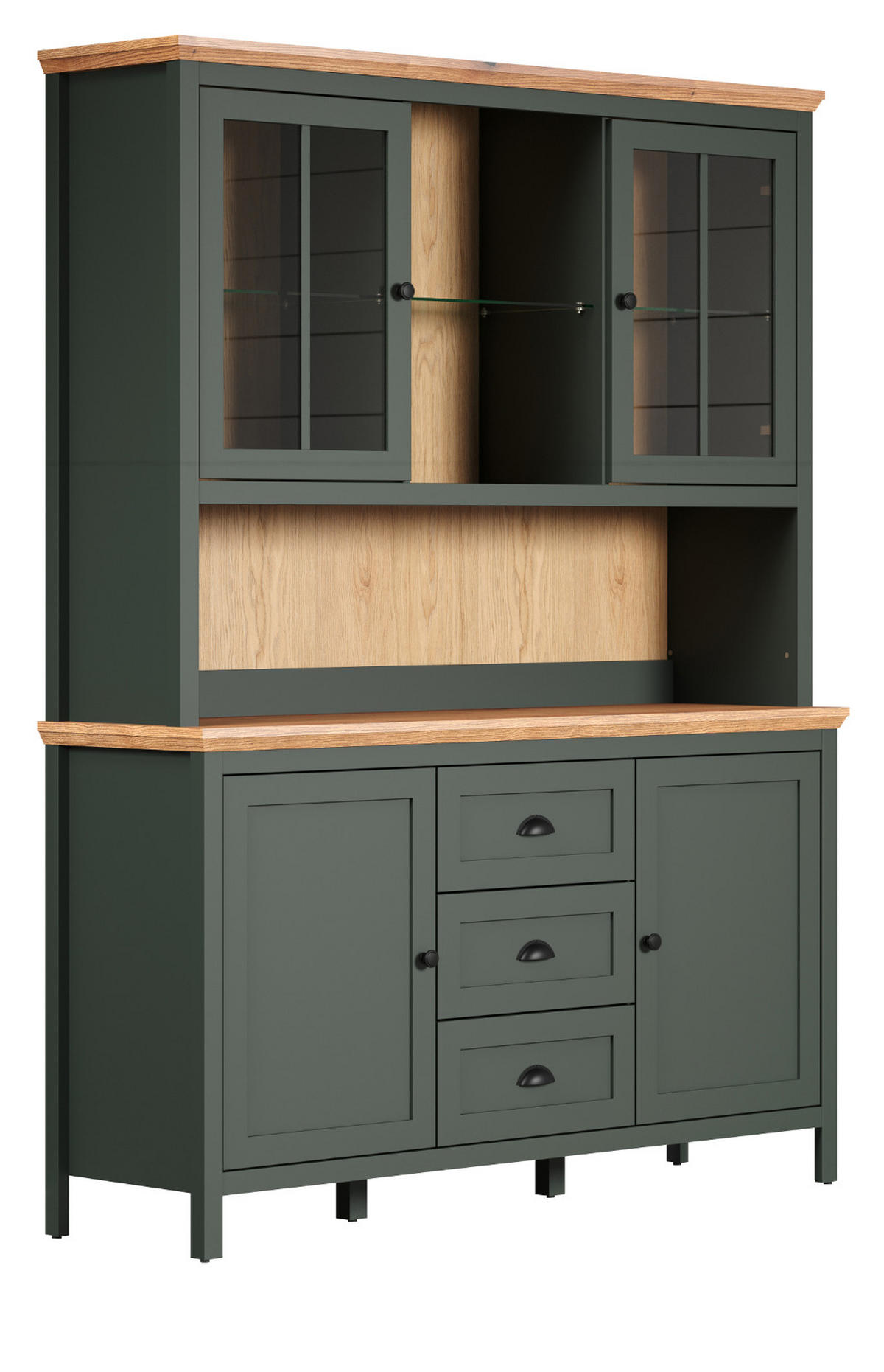 BUFFETSCHRANK grün, Evoke Eiche Landhaus 146 x 198 cm, Vitrine inklusive LED - Eichefarben/Schwarz, Glas/Holzwerkstoff (45/198/146cm) - Top.Furn
