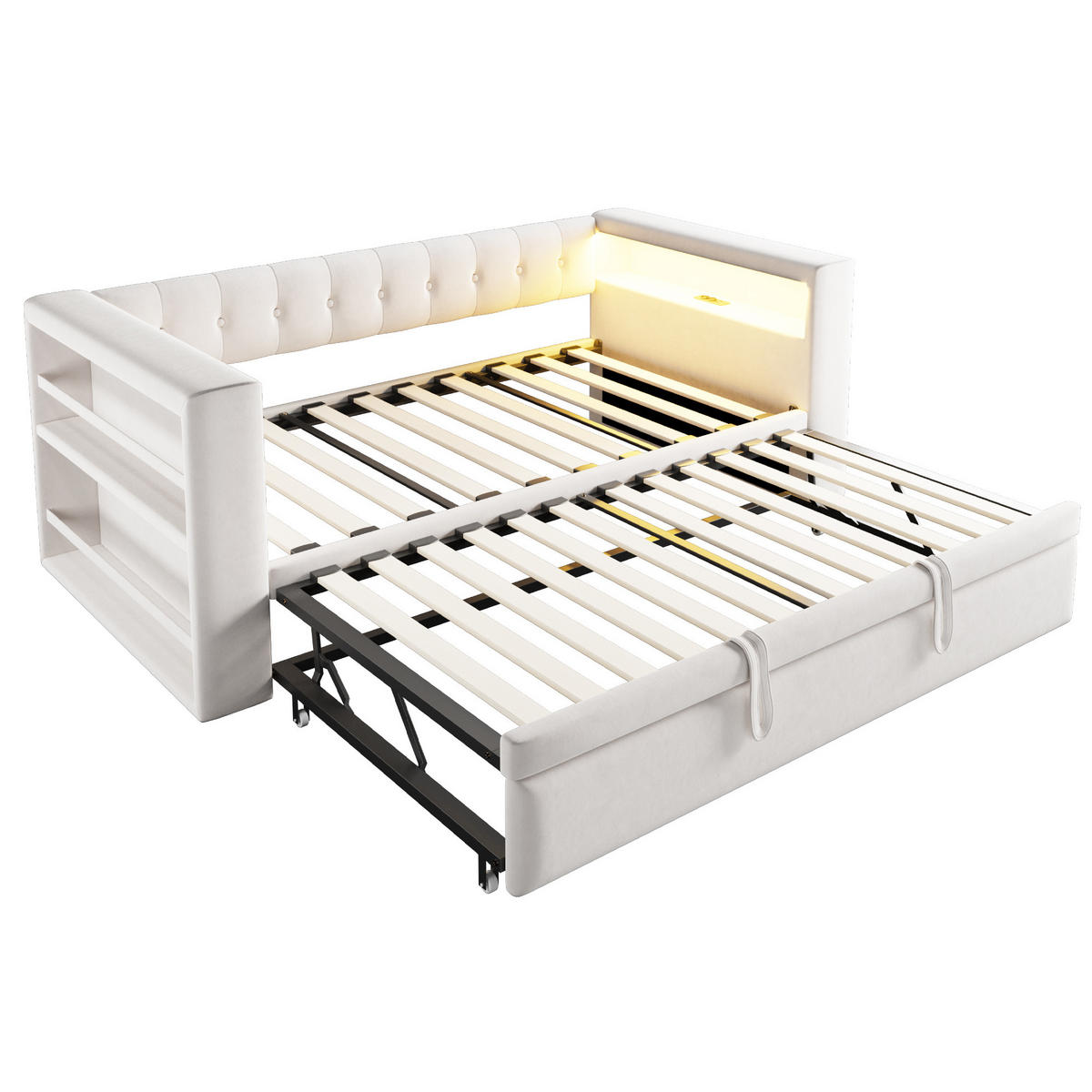 POLSTERBETT 90/180 x 190 cm aus Flannelette mit LED-Beleuchtung Steckdose und Stauraum Beige - Beige, Textil (90/180cm) - Modenvie