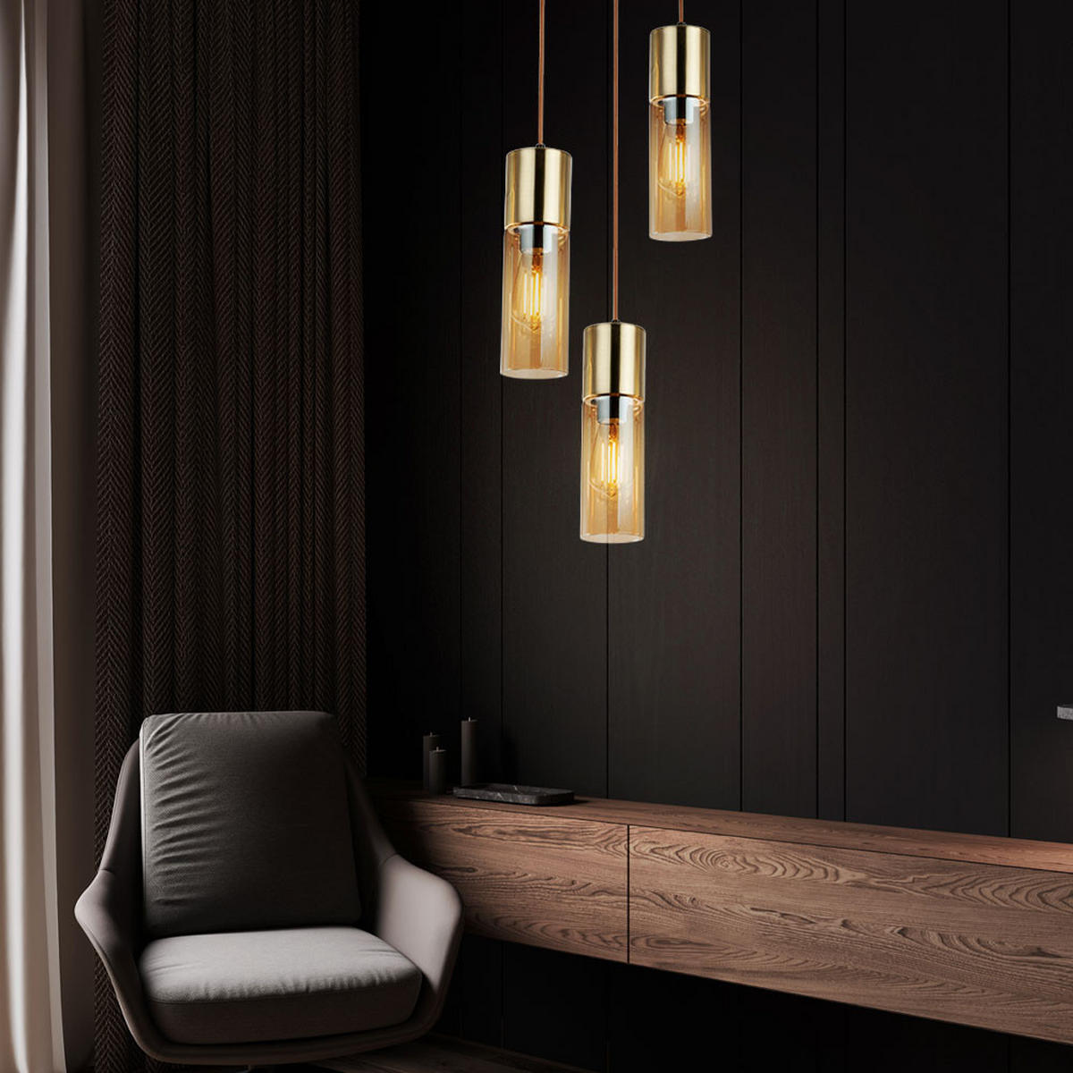 HÄNGELEUCHTE Messing Glas Amberfarben - Messingfarben, Glas (30/30/150cm) - Globo Lighting