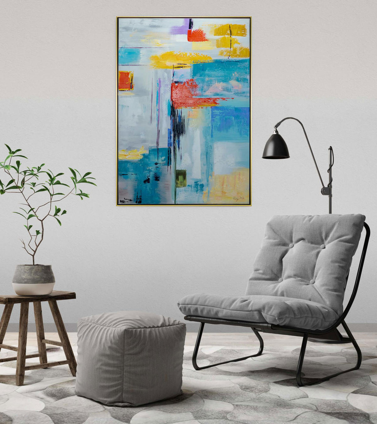 RUČNE MAĽOVANÝ AKRYLOVÝ OBRAZ 77,5/102,5 cm, viacfarebný, abstraktný geometrický motív - viacfarebná, textil (77.5/102.5cm) - KUNSTLOFT