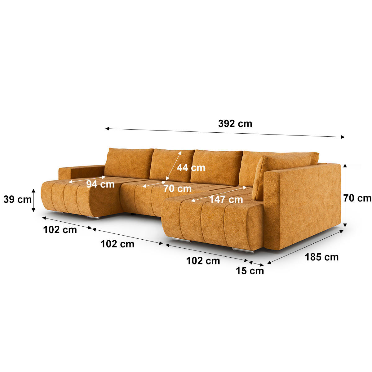 PANORAMASOFA Sergio 5 Sitzplätze Senf - Gelb, Holz (392/82/185cm) - Petits-meubles
