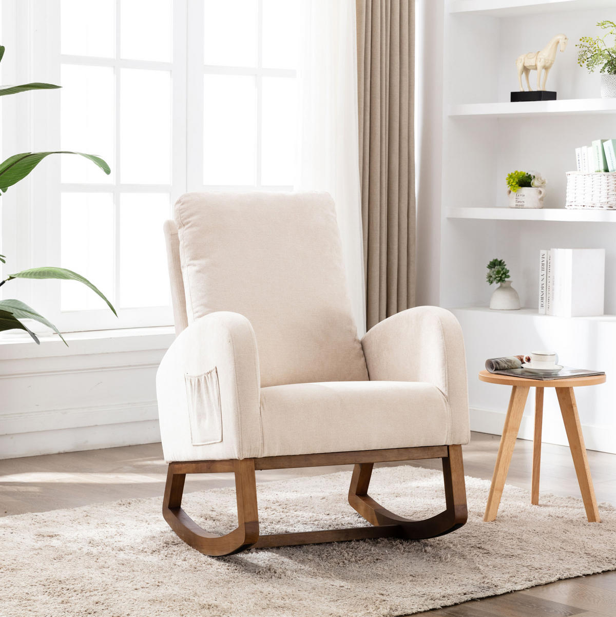 SCHAUKELSTUHL Leinen mit hoher Rückenlehne, Seitentasche 69/94/101 cm Beige bis 150 kg - Beige, Textil (94/101/69cm) - Redom