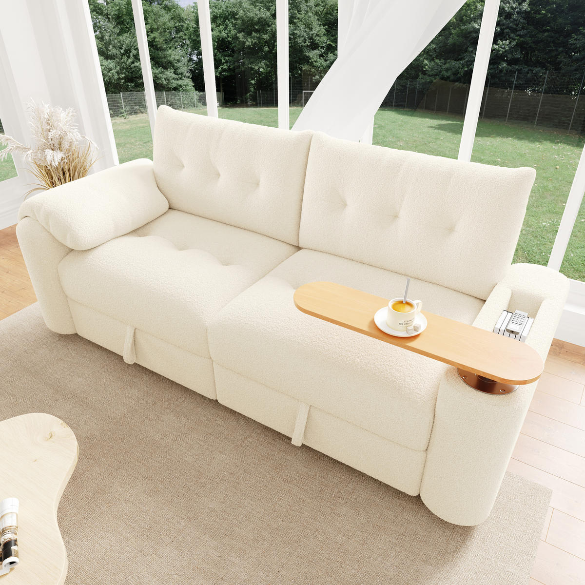 SCHLAFSOFA 3-Sitzer mit Teddyplüsch und Stauraum, Beige - Beige, Textil (207.5/87/80cm)