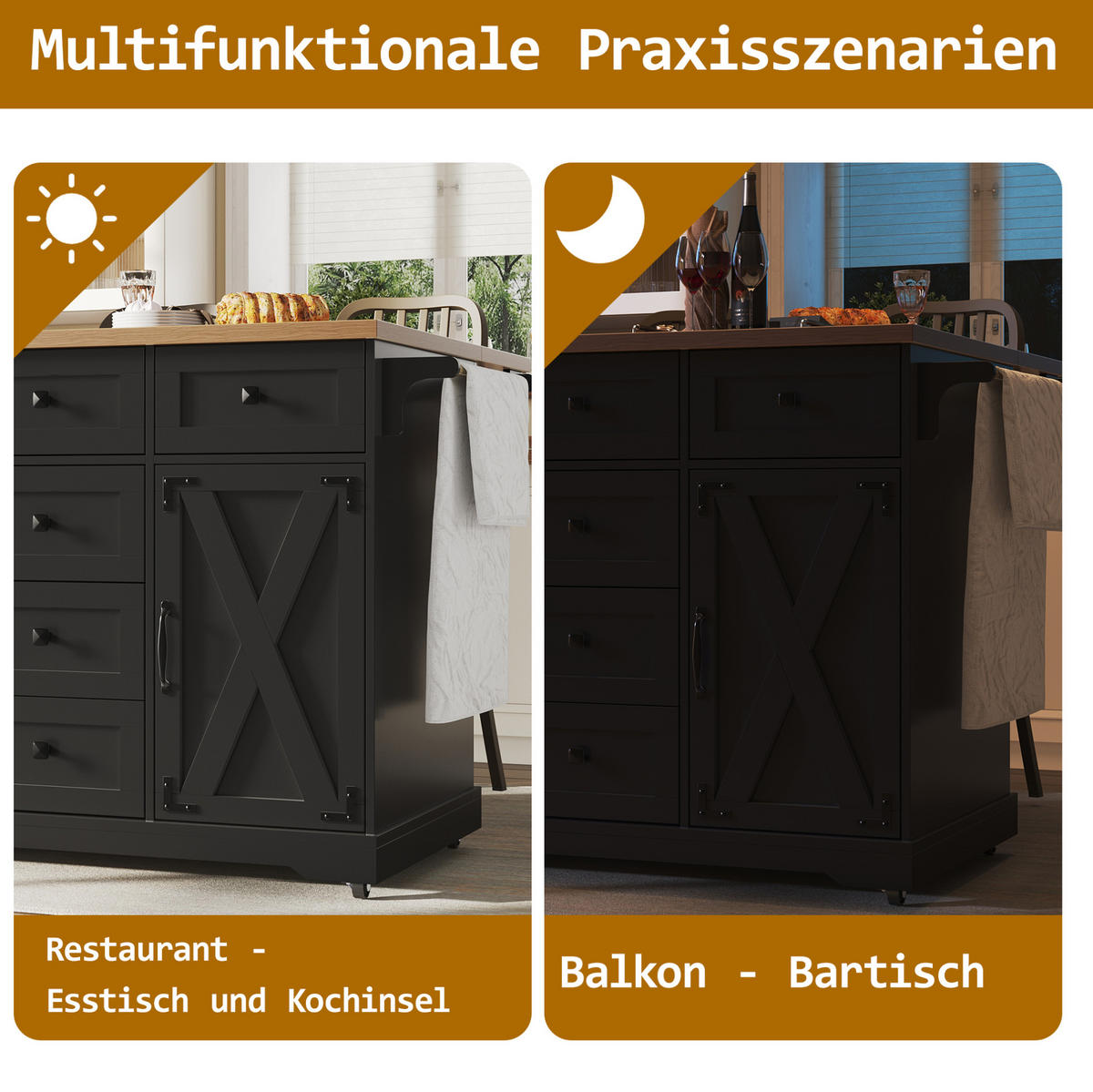 KÜCHENINSEL 147/44/93 cm in Schwarz, klappbar mit Stauraum und Tischfunktion - Schwarz, Holzwerkstoff (147/93/44cm) - Flora Grace