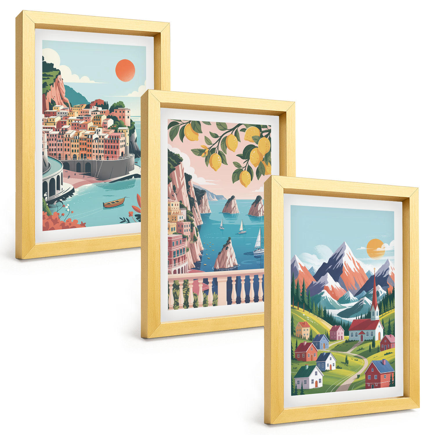 BILDER SET 3er Set - 20x30 cm Goldrahmen - Farbenfrohe Berge und Städte - Goldfarben, Kunststoff (20/30cm) - TULUP