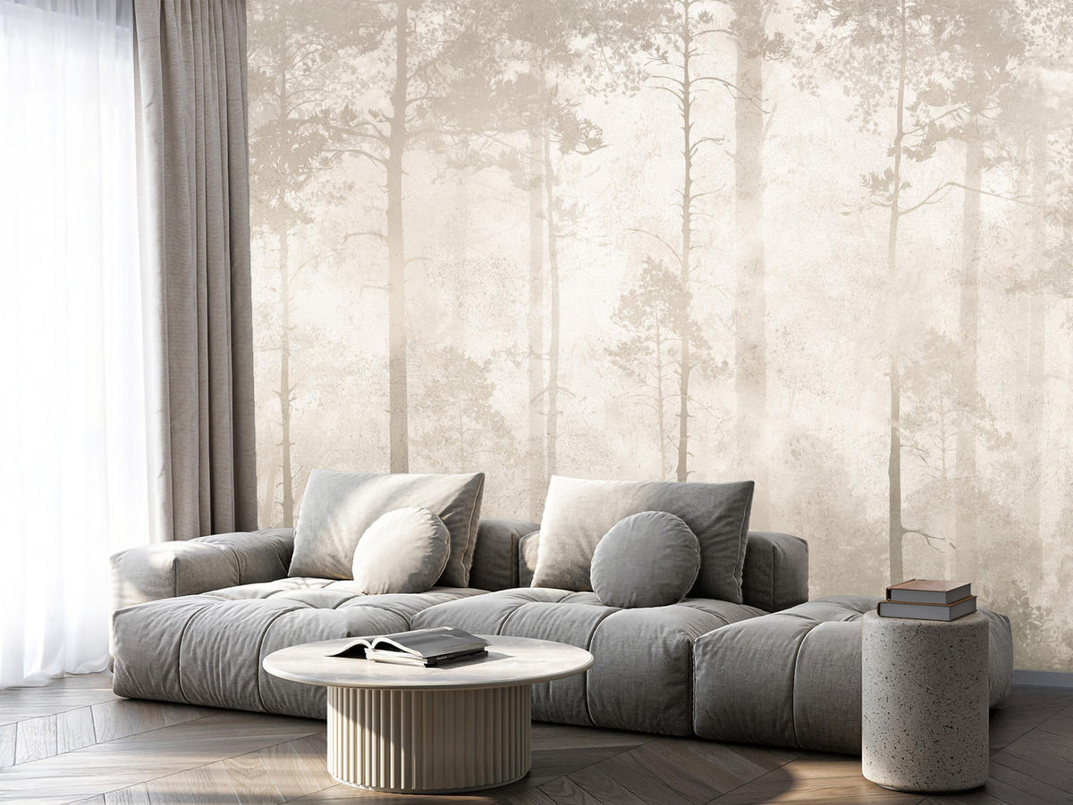 FOTOTAPETE für Wohnzimmer Nebliger Wald Vintage Bäume 350x256 - Beige/Braun, Papier (350/256cm) - Muralo