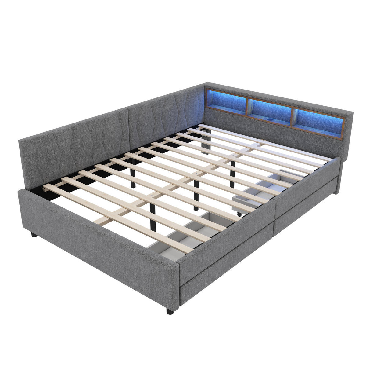 POLSTERBETT 140/200 cm Grau aus Leinen mit LED-Beleuchtung und Stauraum - Grau, Textil (140/200cm) - OKMYHOME