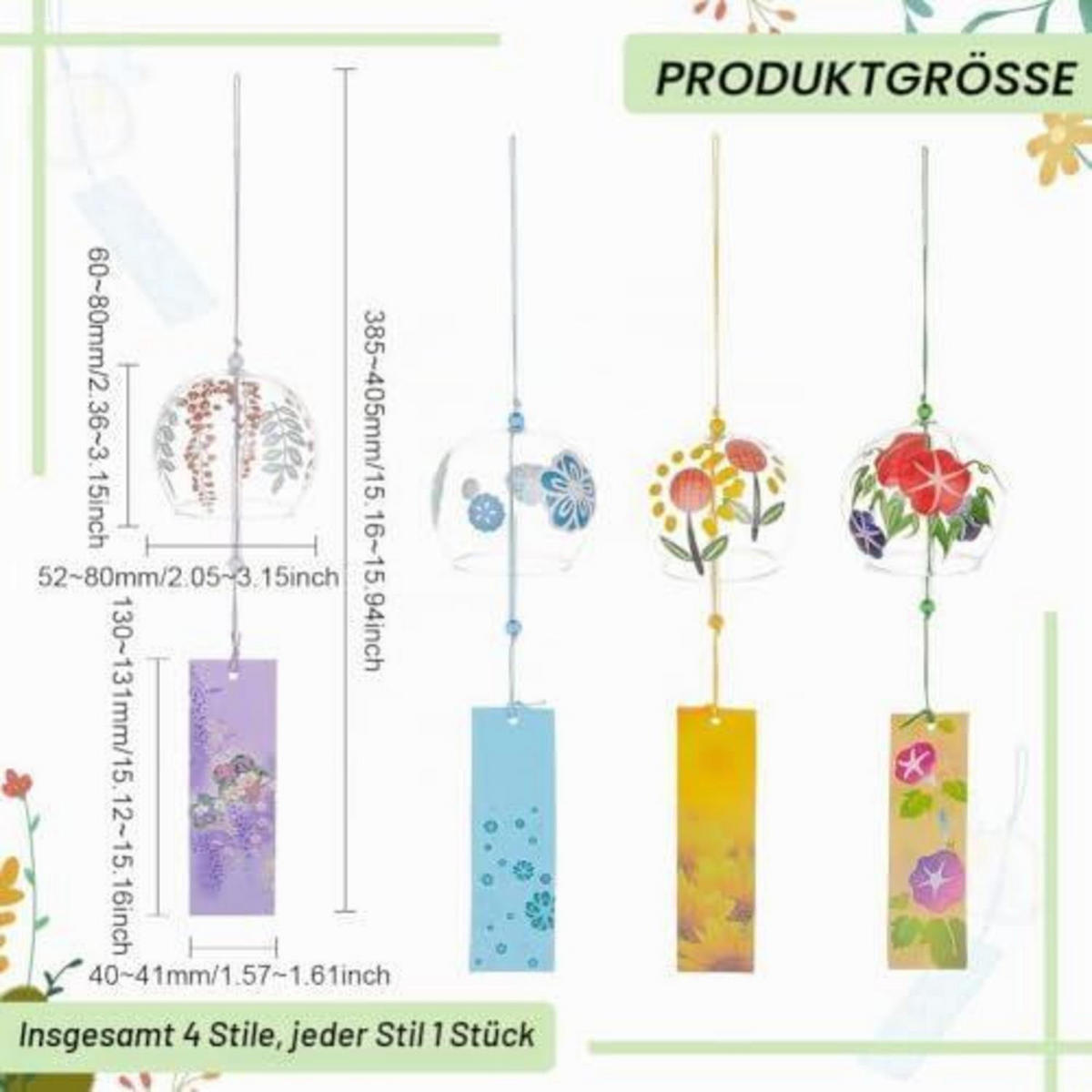 WINDSPIEL 4-teiliges Set Glas Blumenmuster Himmelblau Mauve Bunt Gelb - Multicolor, Glas (22.8/18.4/9.5cm)