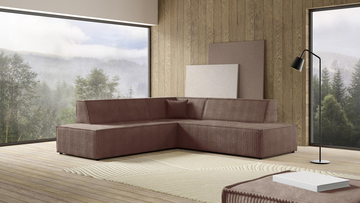ECKSOFA TESSO II L-S Braun Kordstoff mit Schlaffunktion - Braun, Holz (254/254cm) - MASSENO