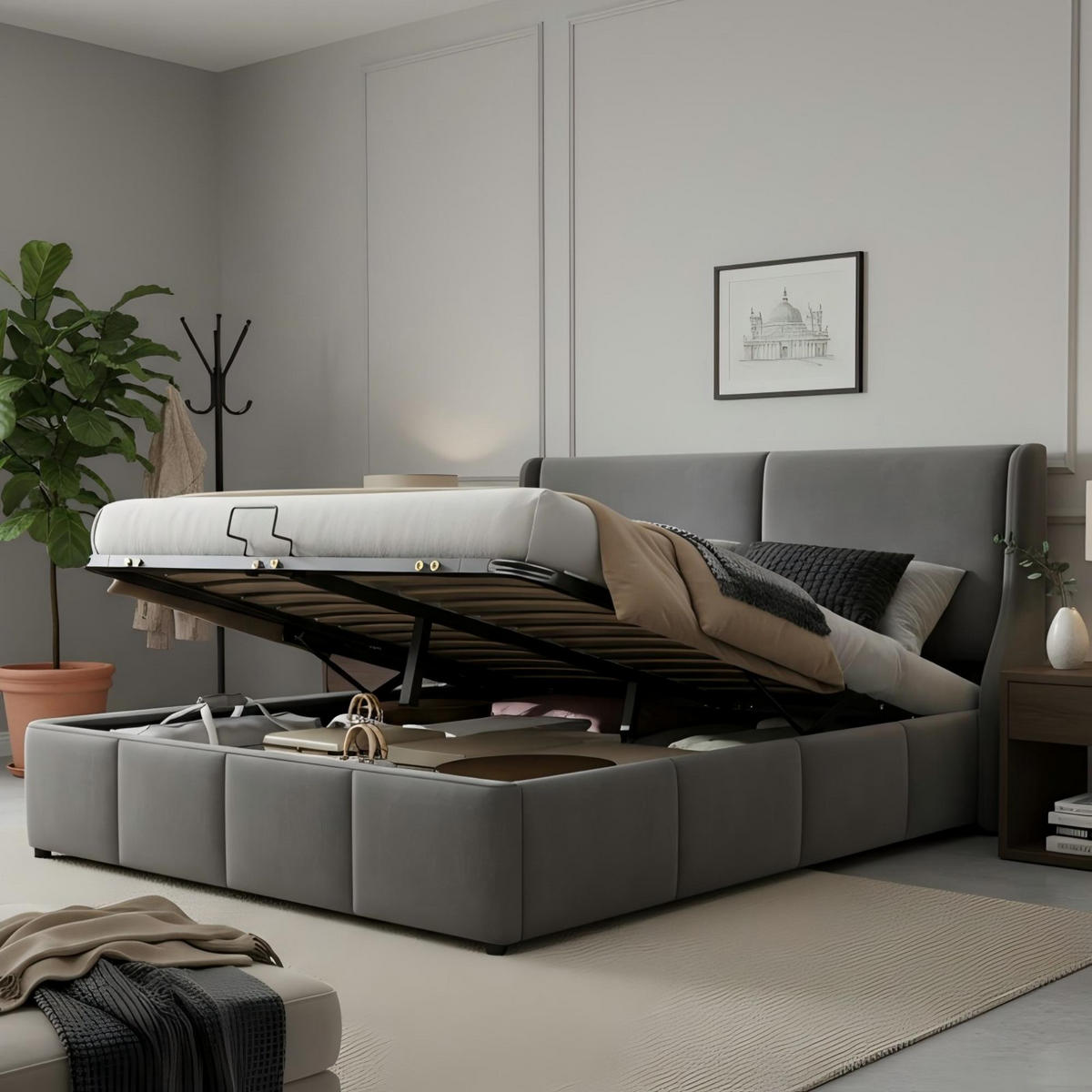 POLSTERBETT 140/200 cm mit hydraulischem Bettkasten, Samtbezug, Grau - Grau, Textil (140/200cm) - Redom